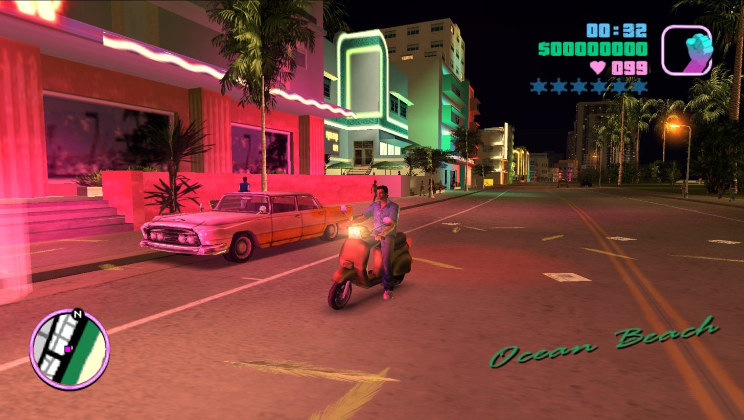 Vice City Ocean Beach gameplay at night with scooter and neon hotels