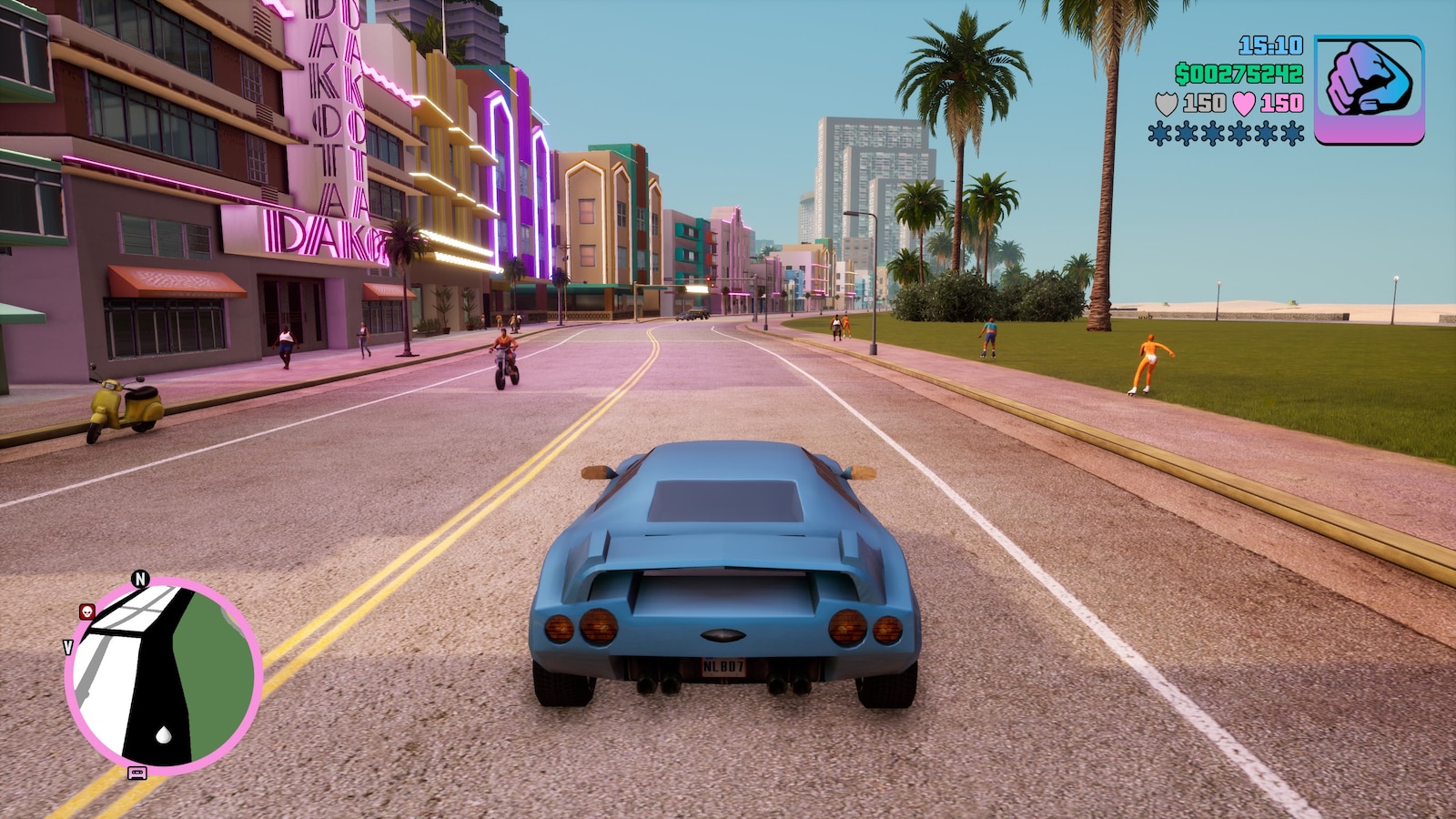 Vice City palm-lined boulevard with a blue sports car
